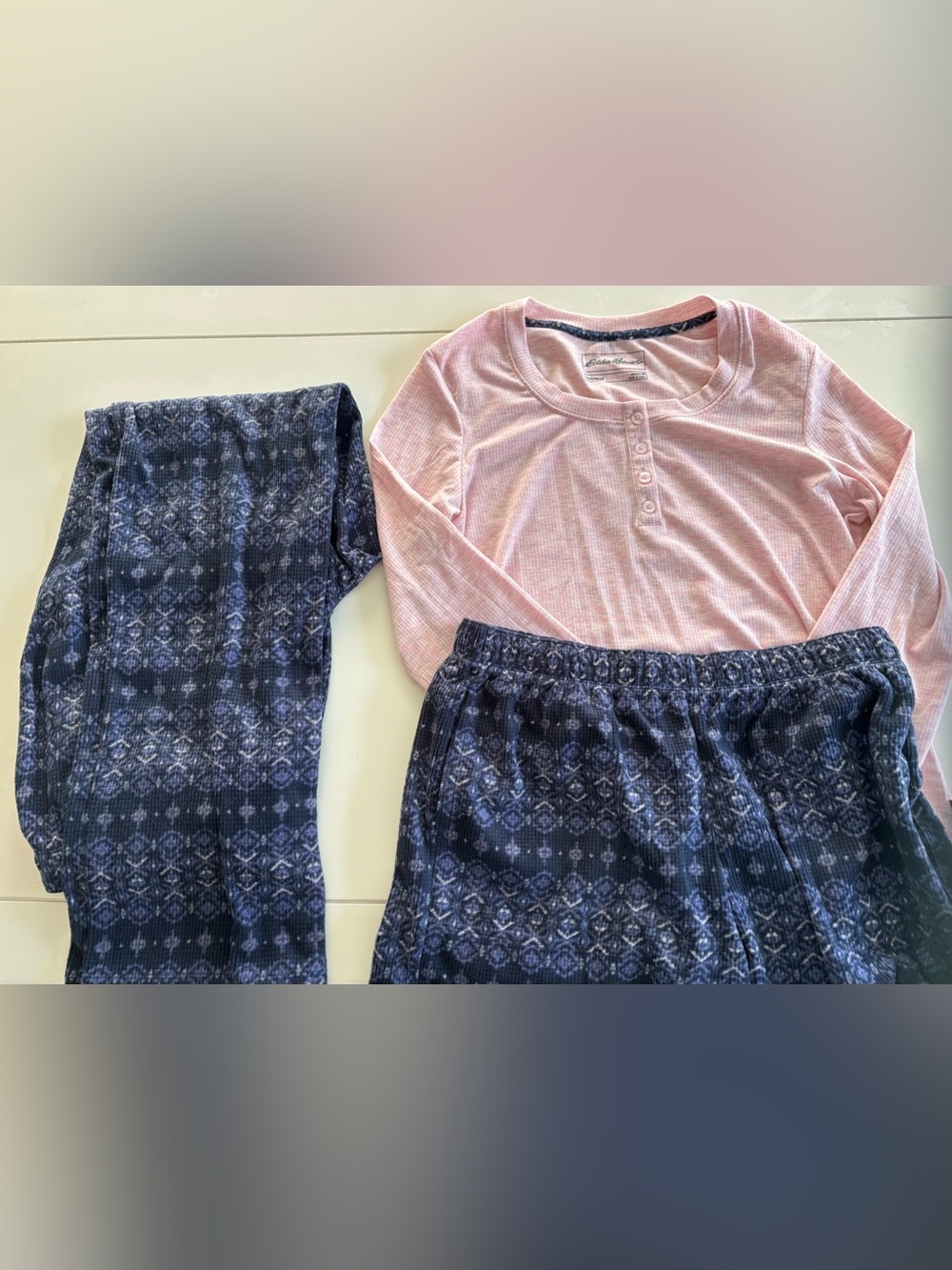 Eddie Bauer Pink Henley Top with Blue Patterned Pajama Shorts and Pants -medium